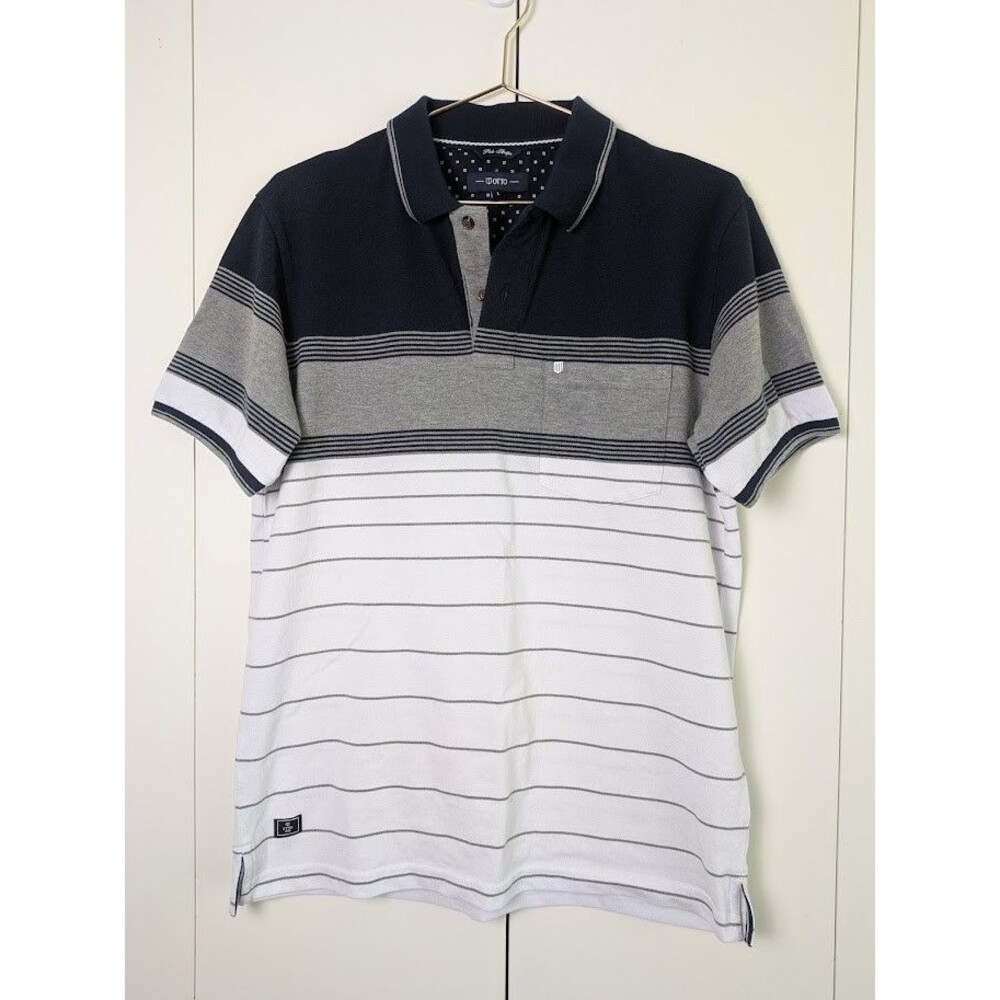 OTTO Men’s Polo Shirt L – Navy Gray White Striped – Short Sleeve